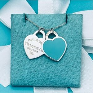 Tiffany & Co. Double Heart Tag Necklace Tiffany Blue Enamel Sterling 16” Small